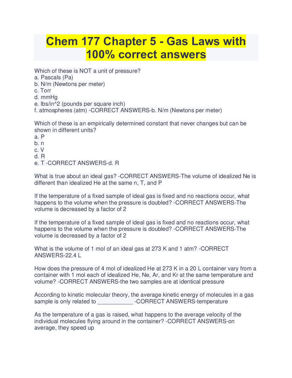Preview image for Chem 177 Chapter 5 - Gas Laws with 100% correct answers